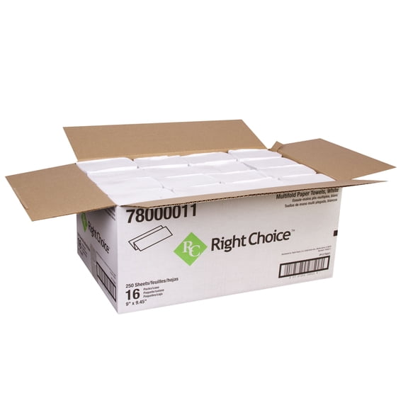 Right Choice White 1 Ply Multifold Paper Towel, 9 X 9.5 inch, 250 sheets per roll -- 16 per case