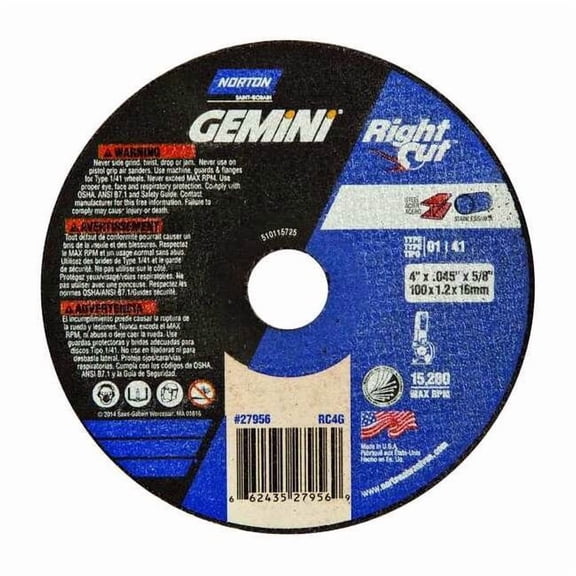 Right Cut Cut-Off Wheel, Type 1, 4 1/2 in Dia, .045 Thick, 36 Grit Alum. Oxide