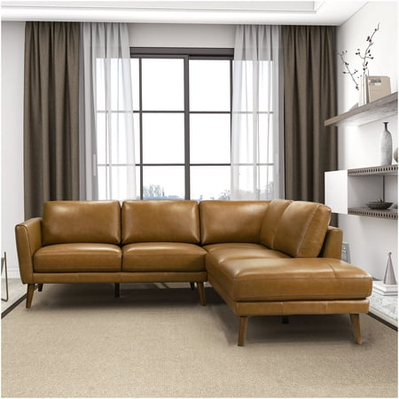 Right Facing Chaise Leather Sectional Sofa, 3-Seat Tan Modern Furniture with Quick Assembly