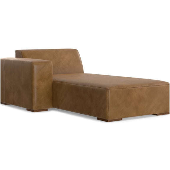 Modern Left Chaise Sofa in Brown Leather, Deep Seat with Feather-Fiber Blend and Solid Wood Frame