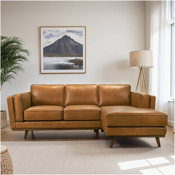 Right Facing Leather Sofa Sectional, 3-Seat Tan Bonded Leather Couch with Solid Wood Frame