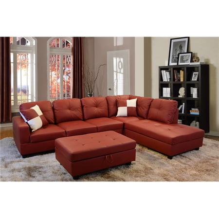 Right Facing Sectional Sofa Set - Faux Leather, Red - 3 Piece