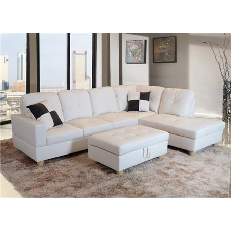 Right Facing Sectional Sofa Set - Faux Leather, White - 3 Piece
