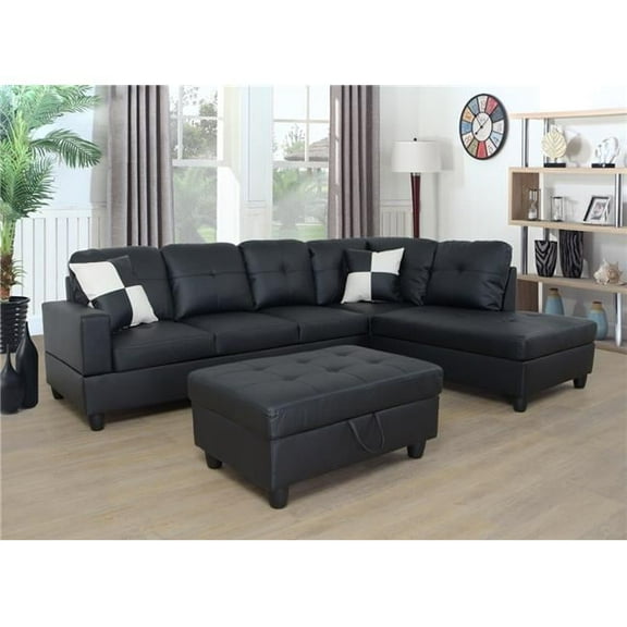 Right Facing Sectional Sofa Set with Ottoman Black Faux Leather - 3 Piece