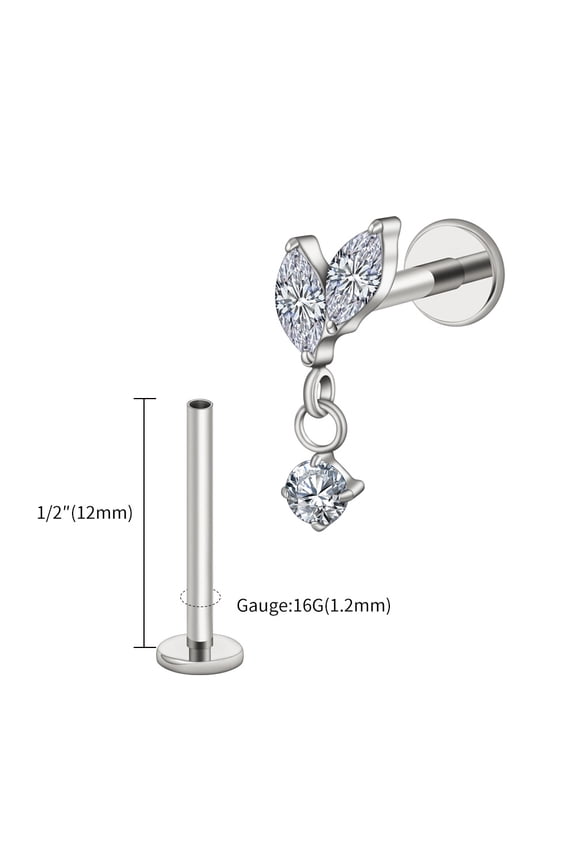 Right Grand ASTM F136 Titanium Double Marquises with CZ Dangle Stud Earring Cartilage Helix Tragus Flat Back Piercing Jewelry