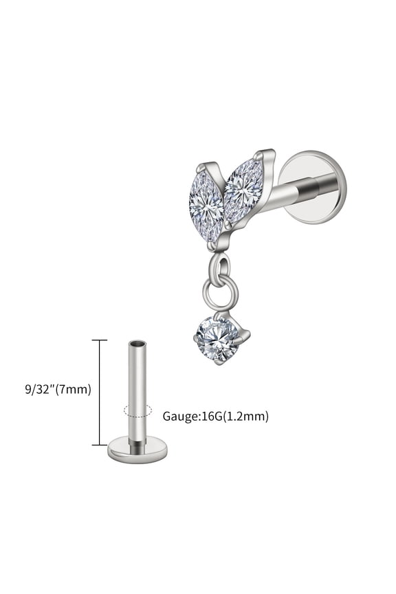 Right Grand ASTM F136 Titanium Double Marquises with CZ Dangle Stud Earring Cartilage Helix Tragus Flat Back Piercing Jewelry