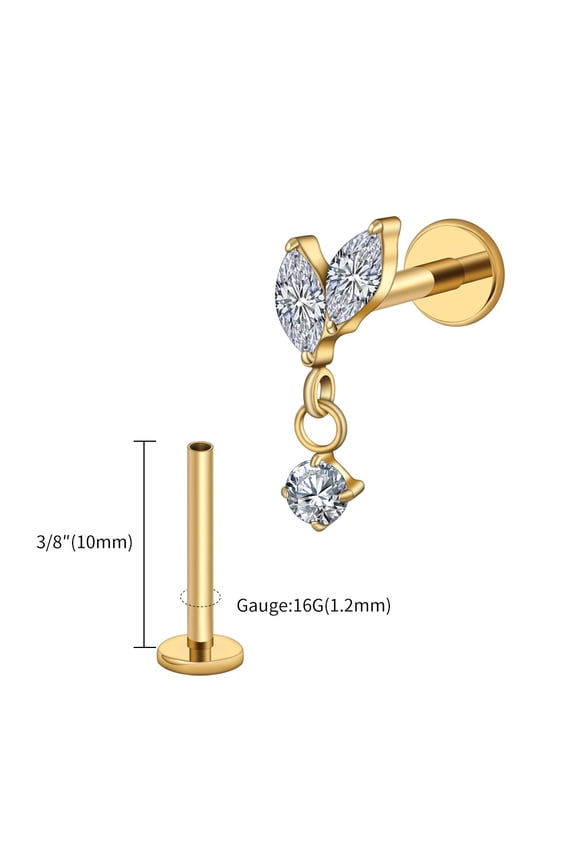 Right Grand ASTM F136 Titanium Double Marquises with CZ Dangle Stud Earring Cartilage Helix Tragus Flat Back Piercing Jewelry