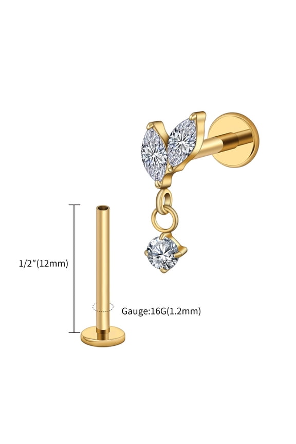 Right Grand ASTM F136 Titanium Double Marquises with CZ Dangle Stud Earring Cartilage Helix Tragus Flat Back Piercing Jewelry