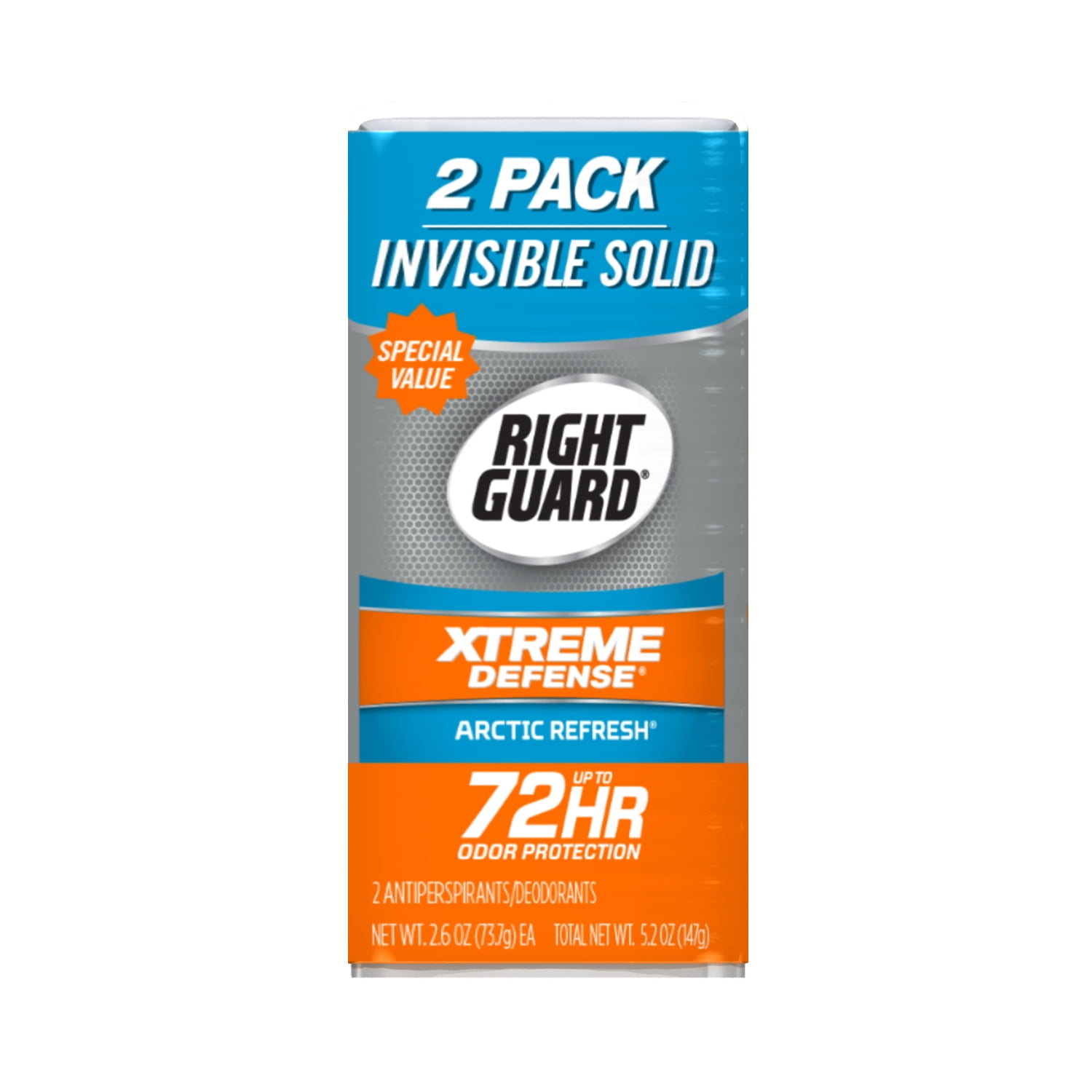 Right Guard Xtreme Defense Antiperspirant Deodorant Invisible Solid Stick, Arctic Refresh, 2.6 Ounce (Pack of 2)