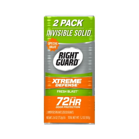 Right Guard Xtreme Defense Antiperspirant Deodorant Invisible Solid Stick, Fresh Blast, 2.6 oz (Pack of 2)