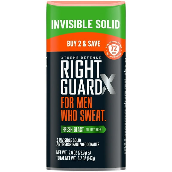 Right Guard Xtreme Defense Antiperspirant & Solid Deodorant for Men, Fresh Blast, 2.6 oz. (2 Ct.) Pack of 4