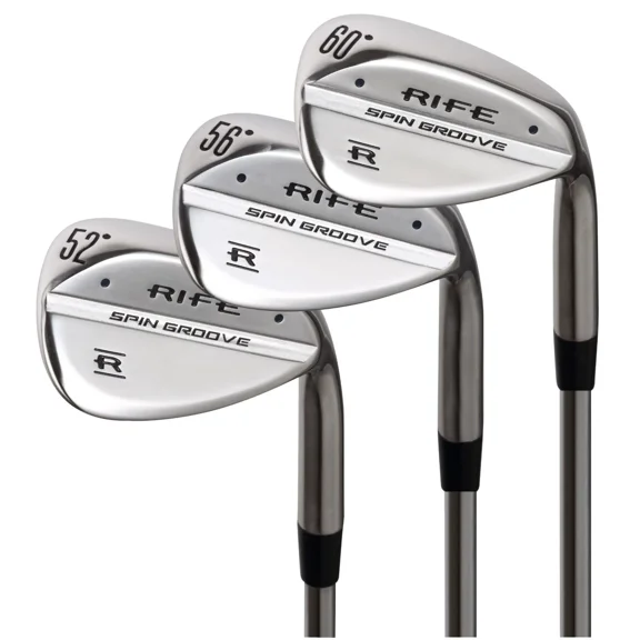 Right Handed Rife Spin Groove Wedge Set (52/56/60) Plus 4 Men's Standard Length Steel Shaft Stiff Flex Golf Wedges with Super Jumbo Grips-52 Degree Approach AW-56 Degree Sand SW-60 Degree Lob LW