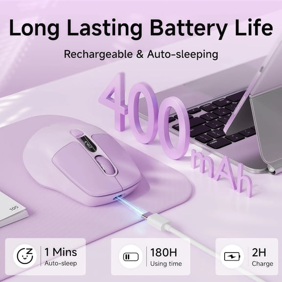 Right-Handed Silent Wireless Mouse, Bluetooth & 2.4G Dual Mode, Type-C Rechargeable, 6 Buttons with LED Display, Plug & Play, Portable for Laptop Desktop PC