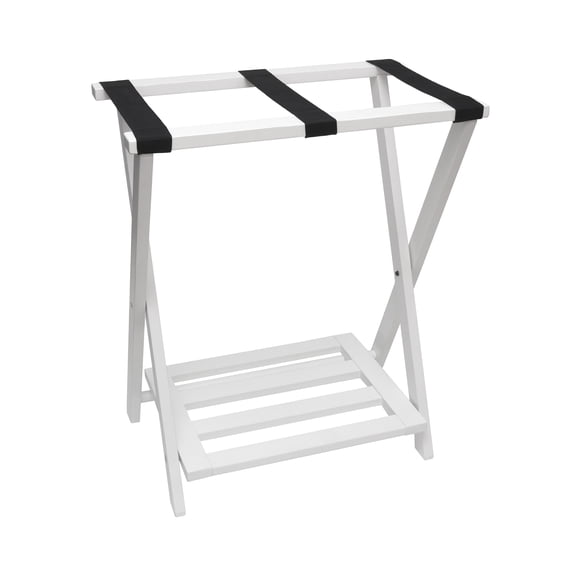 Right Height Folding Luggage Rack with Bottom Shelf, White Finish