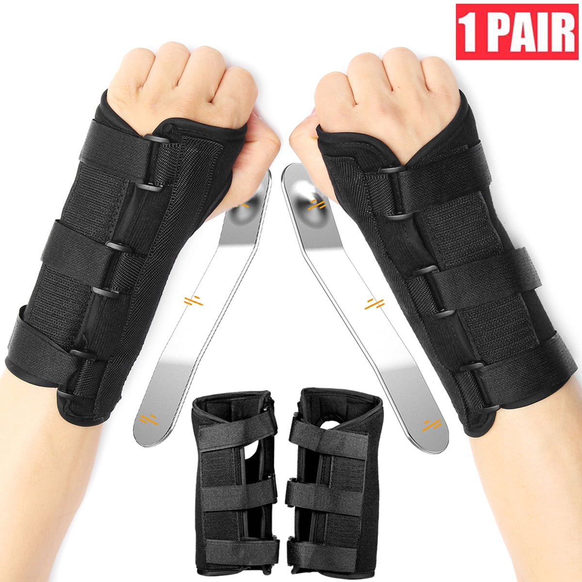 Right & Left Hands Breathable Night Wrist Brace Sleep Support Carpal Tunnel  Comfort Composite Fabric Wrist Splint Arthritis Sprain Gym 3 Straps  Adjustable Metal Strip 