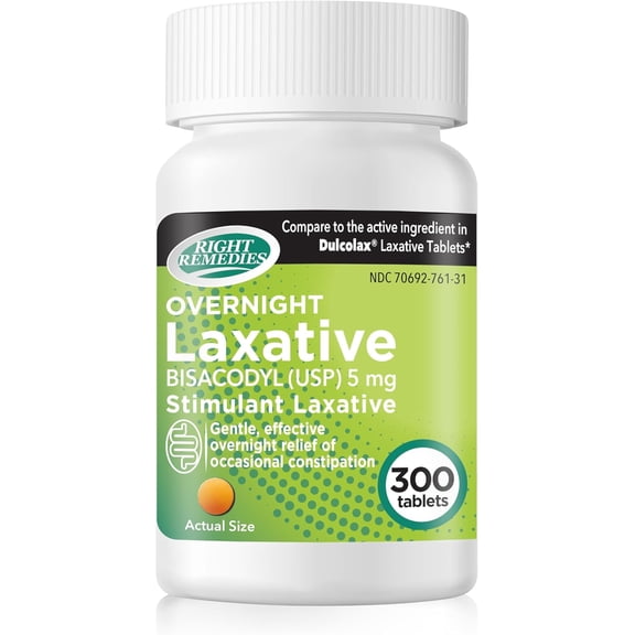 Right Remedies Overnight Laxative (Bisacodyl 50mg) Tablet -(300ct Tablets)