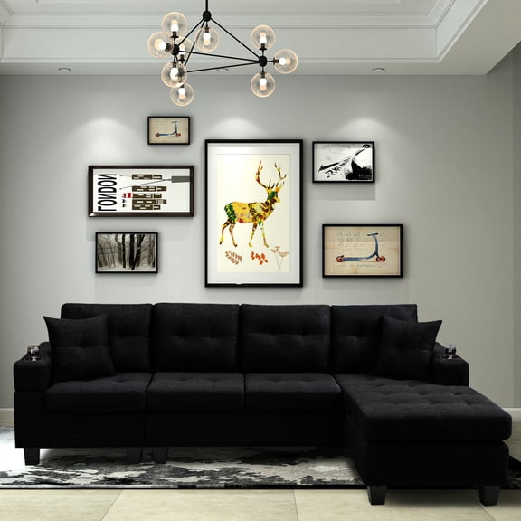Right Sectional Sofa with Bilateral Cup Holder | Comfortable in Living Spaces | S-shaped Spring and Foam Filling | Plastic Feet to Create Quietness