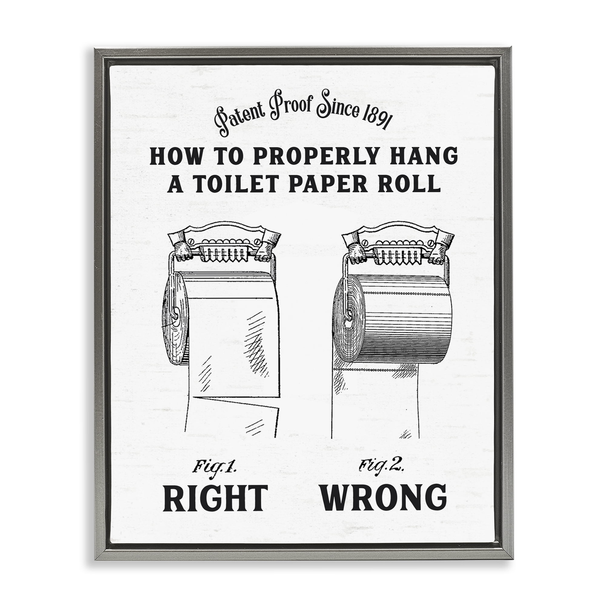 Right & Wrong Toilet Roll Gray Framed Floater Canvas Wall Art, design by Lettered and Lined