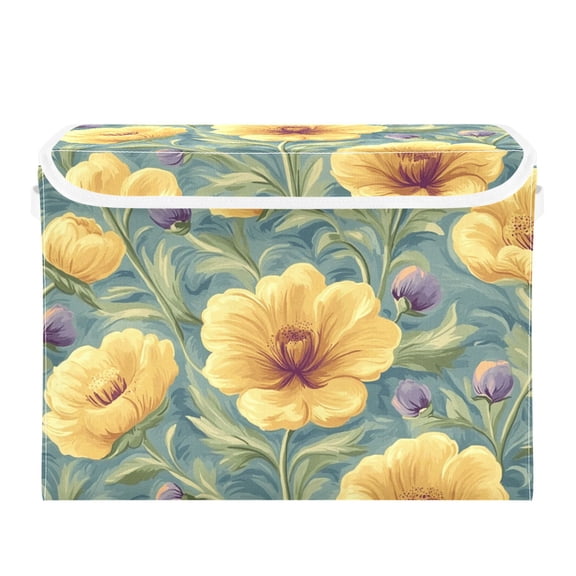 Right Yellow Flower Pattern Large Storage Bins with Linen Collapsible Lid Storage Box 16.7 x 12.6 x 11.8in
