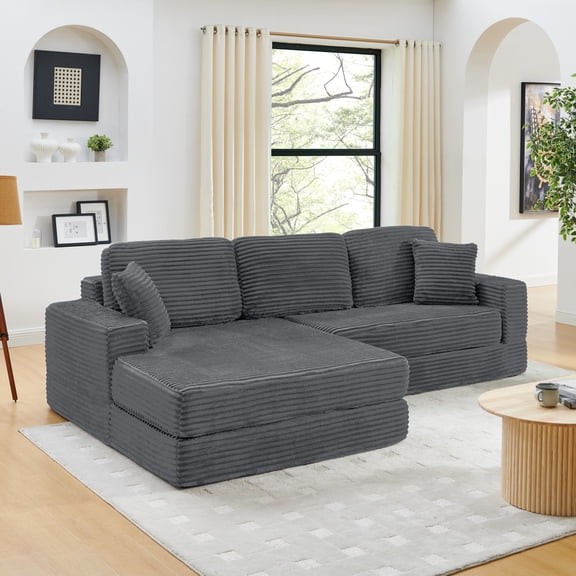 Right sofa seat,L shape Modular Sectional Sofa, Compressed Sectional Sofa Modern Minimalist Style Corduroy Couch,Unfold into a bed, Bedroom, Comfy Compressed Sofa Couch Space-Efficient Design-black