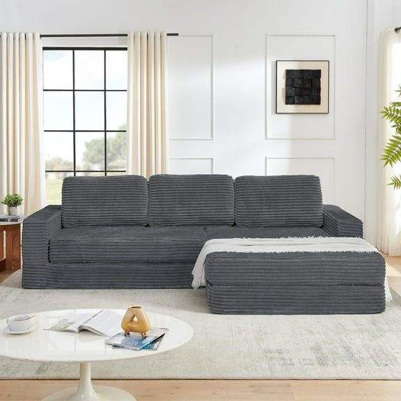 Right sofa seat,L shape Modular Sectional Sofa, Compressed Sectional Sofa Modern Minimalist Style Corduroy Couch,Unfold into a bed, Bedroom, Comfy Compressed Sofa Couch Space-Efficient Design (Grey)