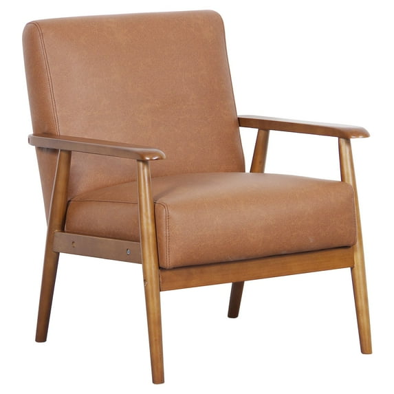 Home Fare Wood Frame Faux Leather Accent Chair in Cognac Brown