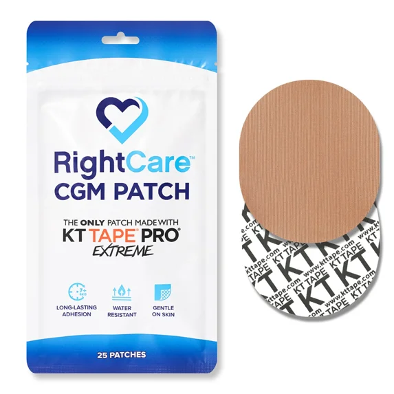 RightCare CGM Adhesive Patch Universal (25-Pack), Covered Oval, Walnut, Made with Synthetic PRO Extreme KT Tape
