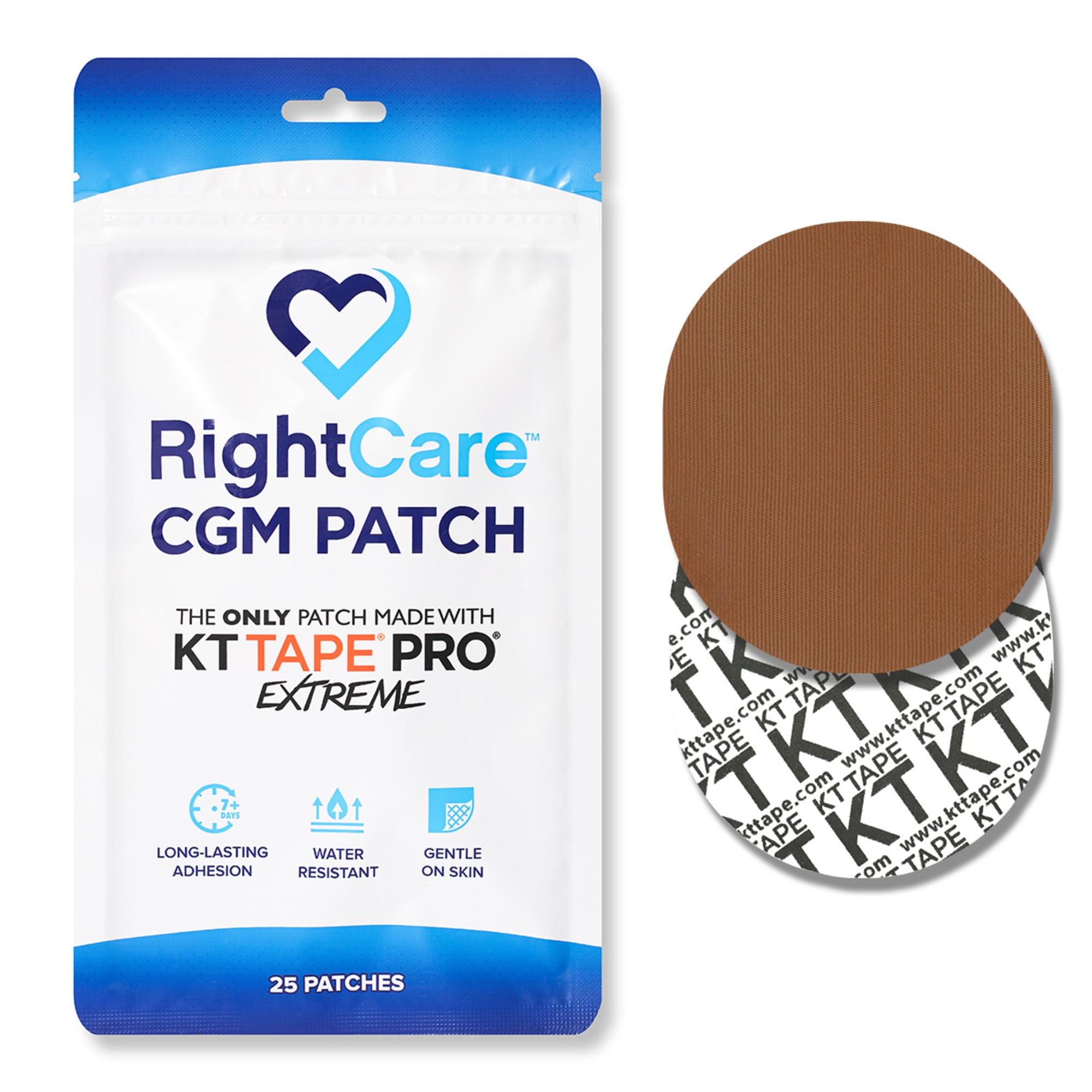 RightCare CGM Adhesive Patch made with KT Tape, Universal, Covered Oval,  Tan, Bag of 25