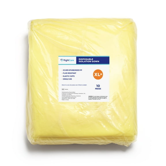 RightCare Disposable Isolation Gown Non-Medical 25gsm, Universal, Yellow, Open Back with Elastic Cuffs, Pack of 20