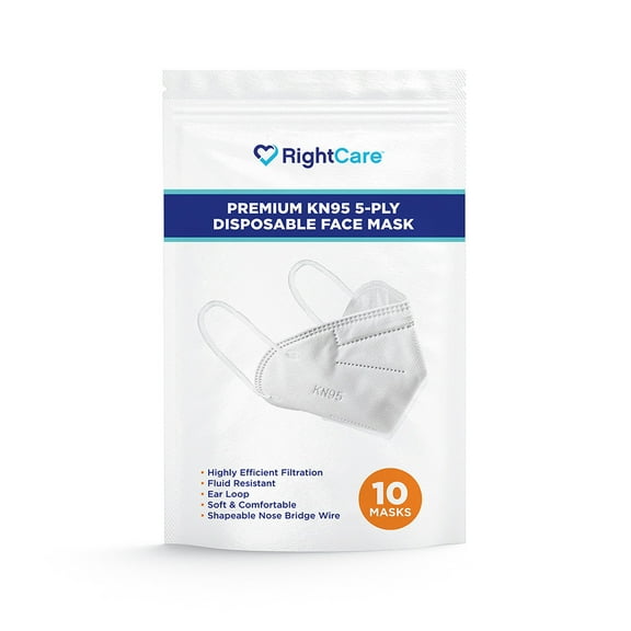 RightCare KN95 Protective Face Mask (Non-Medical) 99% Filter Efficiency 5-PLY mask with Ear Loops and Shapeable Nose Bridge, Case of 1000