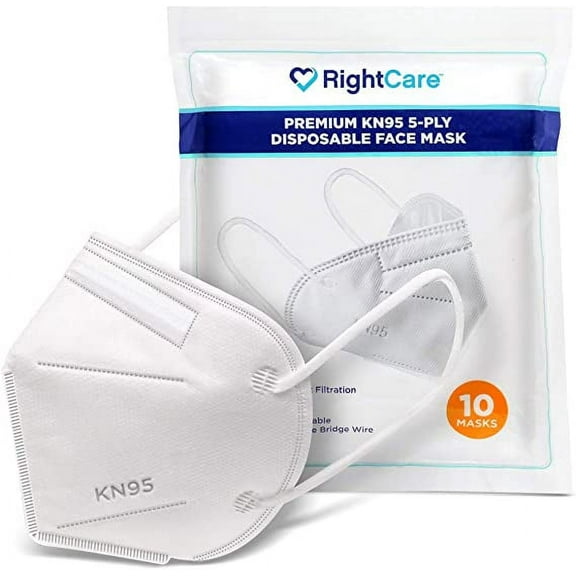 RightCare KN95 Protective Face Mask with Ear Loops and Shapeable Nose Bridge, Standard Size 10 Pack