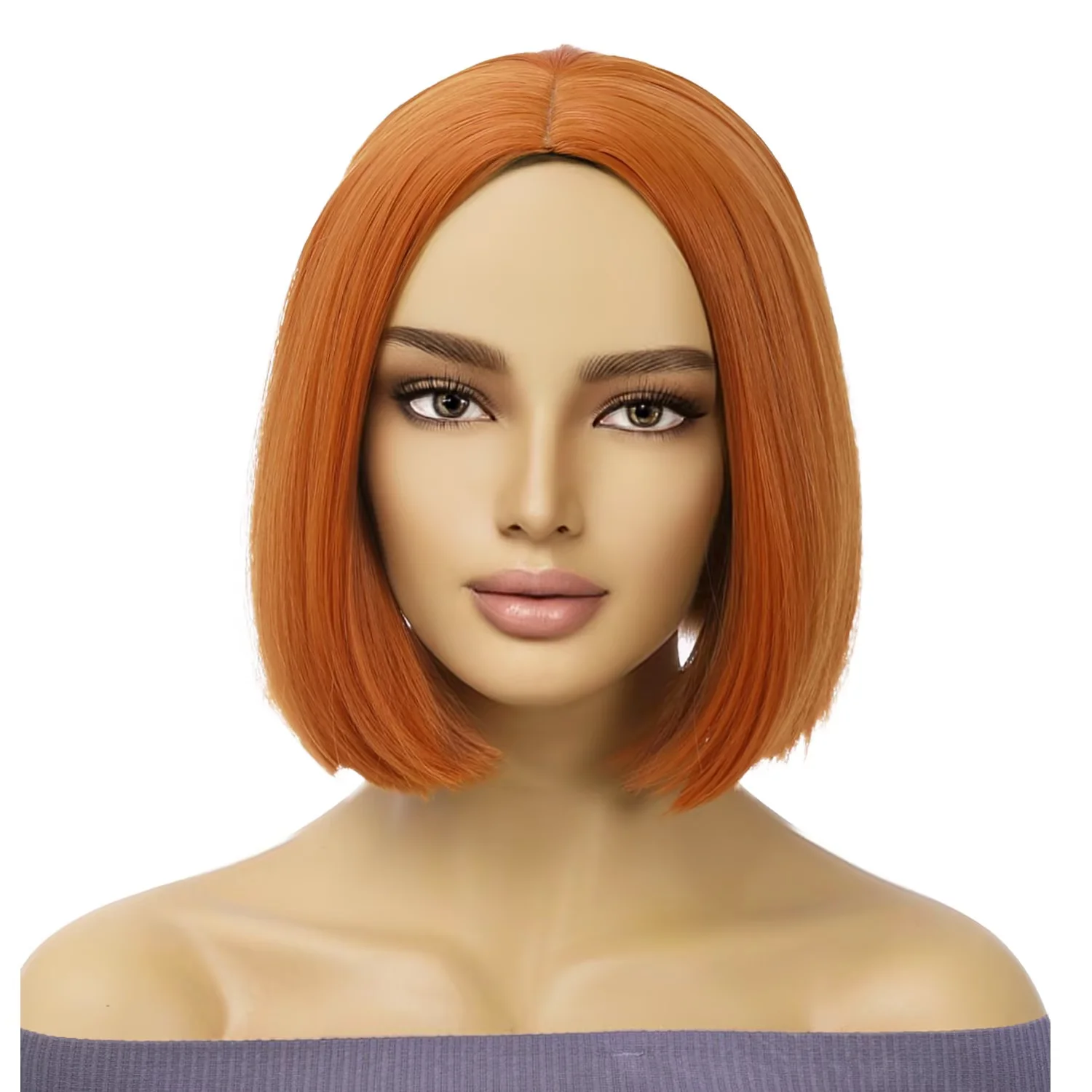 RightOn 10 Inches Dark Orange Bob Wig With Middle Part Bangs Wig for Women Girls Daily Use