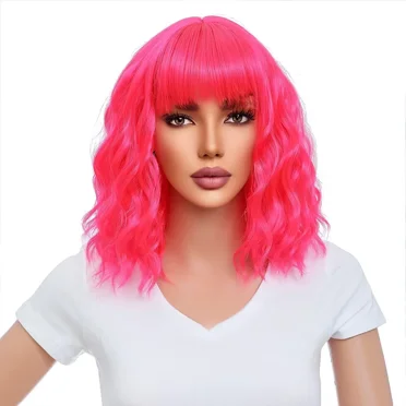 RightOn 12 Inches Rose Red Wig With Bang Short Curly Wig for Women Girls Daily Use