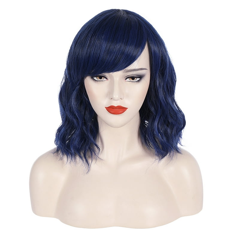 RightOn 14 Blue Wig Short Curly Wig with Bangs Wavy Navy Blue Wig Women Girls Synthetic Wig Cosplay Party Costume Wig with Wig Cap