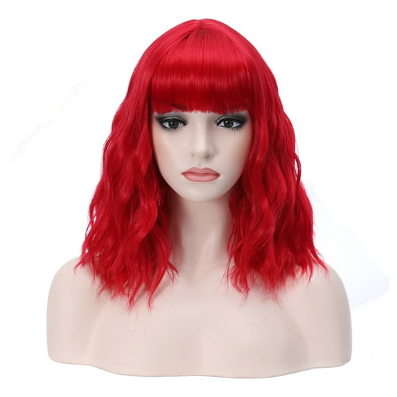 RightOn 14" Bright Red Wig Short Curly Wig with Bangs Red Wig Synthetic Wig Women Girls Red Wig with Wig Cap