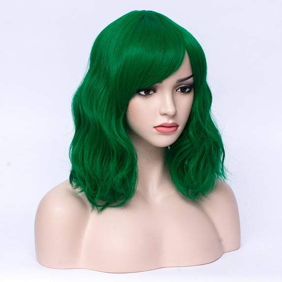 RightOn 14'' Green Wig Short Curly Wig with Bangs Green Hair Wigs Women Girls Dark Green Wig with Wig Cap