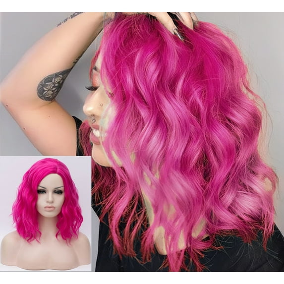 RightOn 14" Hot Pink Wig Magenta Wig Side Part Short Curly Wavy Rose Red Hair Wig Women Girls Hot Pink Wig With Wig Cap