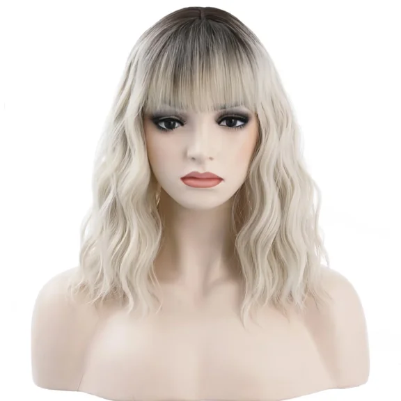 RightOn 14 Inches Black Ombre Blonde Wig With Bangs Short Curly Wig for Women Daily Use