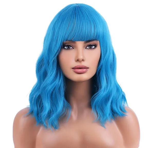 RightOn 14 Inches Blue Wig With Straight Bangs Curly Wig for Women Daily Use
