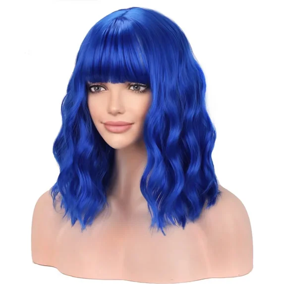 RightOn 14 Inches Dark Blue Wig With Bangs Short Curly Wig for Women ...