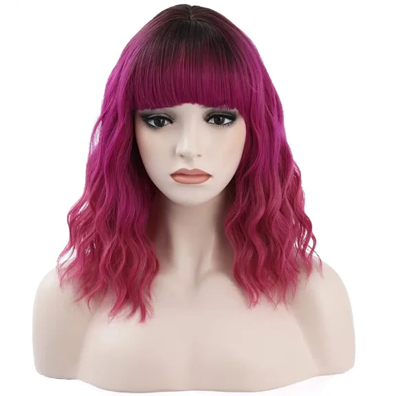 RightOn 14 Inches Hot Pink Wig With Bangs Wavy Wig for Women Daily Use