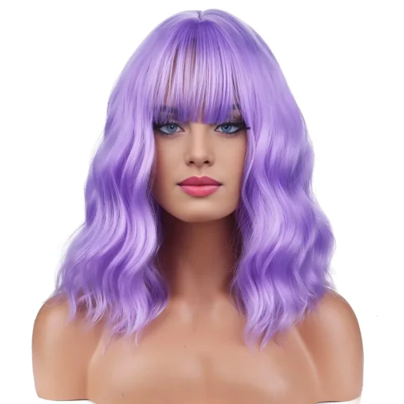 RightOn Purple Wig Purple Wigs with Bangs Short Curly Wig for Women Daily Use