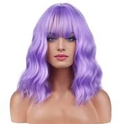 RightOn Purple Wig Purple Wigs with Bangs Short Curly Wig for Women Daily Use