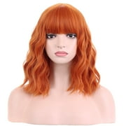 RightOn 14" Orange Wig Short Curly Wig with Bangs Dark Orange Wavy Bob Wig Women Orange Synthetic Hair Wigs with Wig Cap