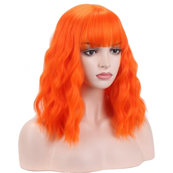 RightOn Orange Wig Short Curly Wigs with Bangs Orange Synthetic Wigs with Wig Cap