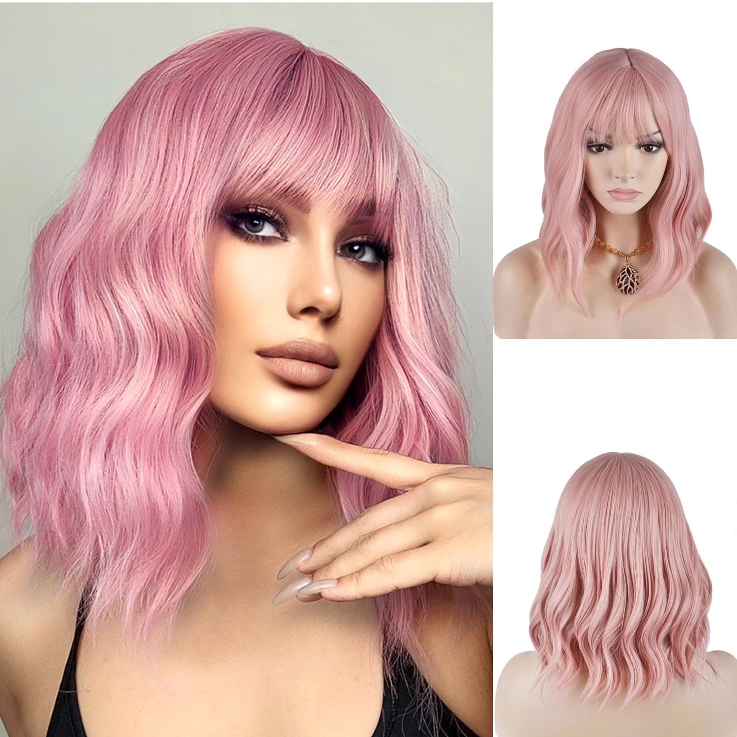 RightOn 14'' Pink Wig Women Girls Short Curly Bob Wigs Lovely Pink Wigs with Bangs with Wig Cap
