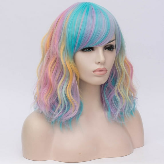RightOn 14'' Rainbow Wig Short Curly Colorful Wigs Wavy Bob Wig with Bangs Multi-Color Wigs Cosplay Wig Daily Use Synthetic Wigs with Wig Cap