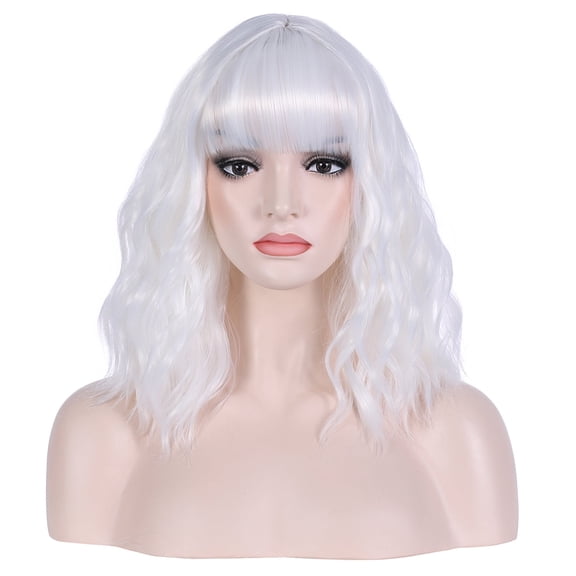 RightOn 14" White Wig Short Curly Wig with Bangs White Wig Synthetic Wigs Women White Wig with Wig Cap