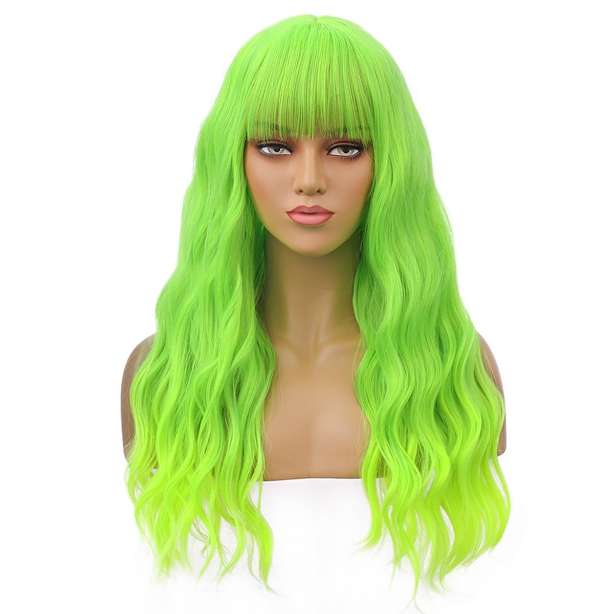 RightOn 23" Green Wig Long Curly Wig with Bangs Women Light Green Wigs Synthetic Wig with Wig Cap
