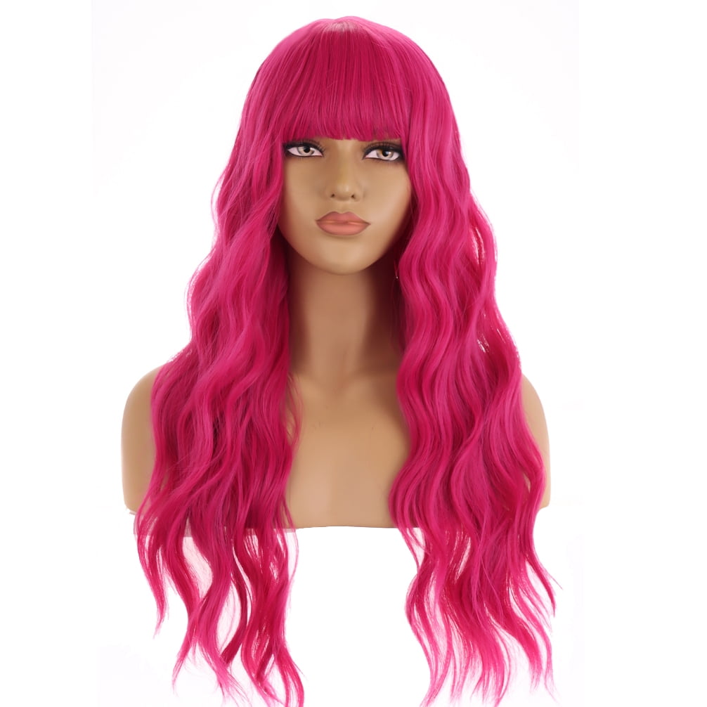 RightOn 23" Hot Pink Wig Long Curly Wig with Bangs Synthetic Wig Women Girls Wig Rose Red Wigs with Wig Cap